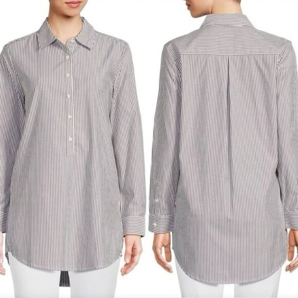 J. McLaughlin Tunic Top Womens Large Brown White Striped Shirt Cotton Pockets